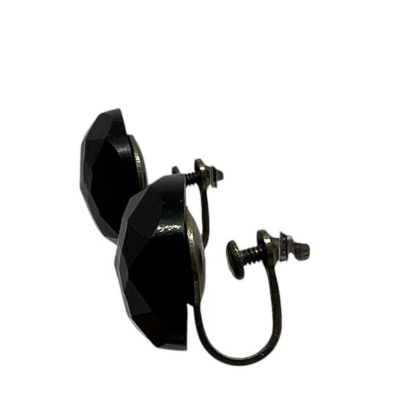 Vintage Black Faceted Glass Button Earrings Screw Back Silver Tone Mid Century - Picture 4 of 11